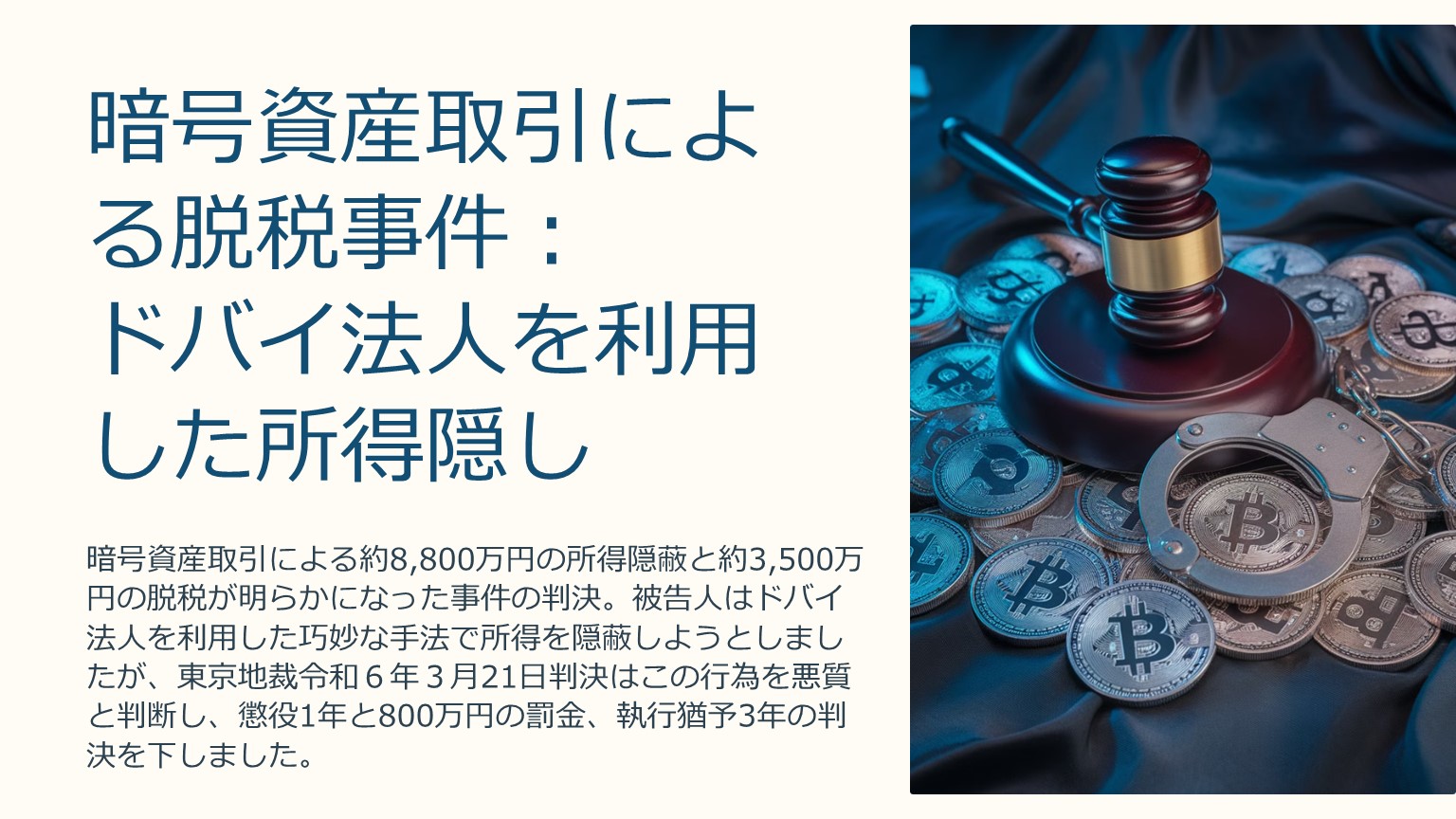 暗号資産取引による脱税事件：ドバイ法人を利用した所得隠し（所得税・東京地裁令和６年３月21日判決） | 泉絢也税理士事務所