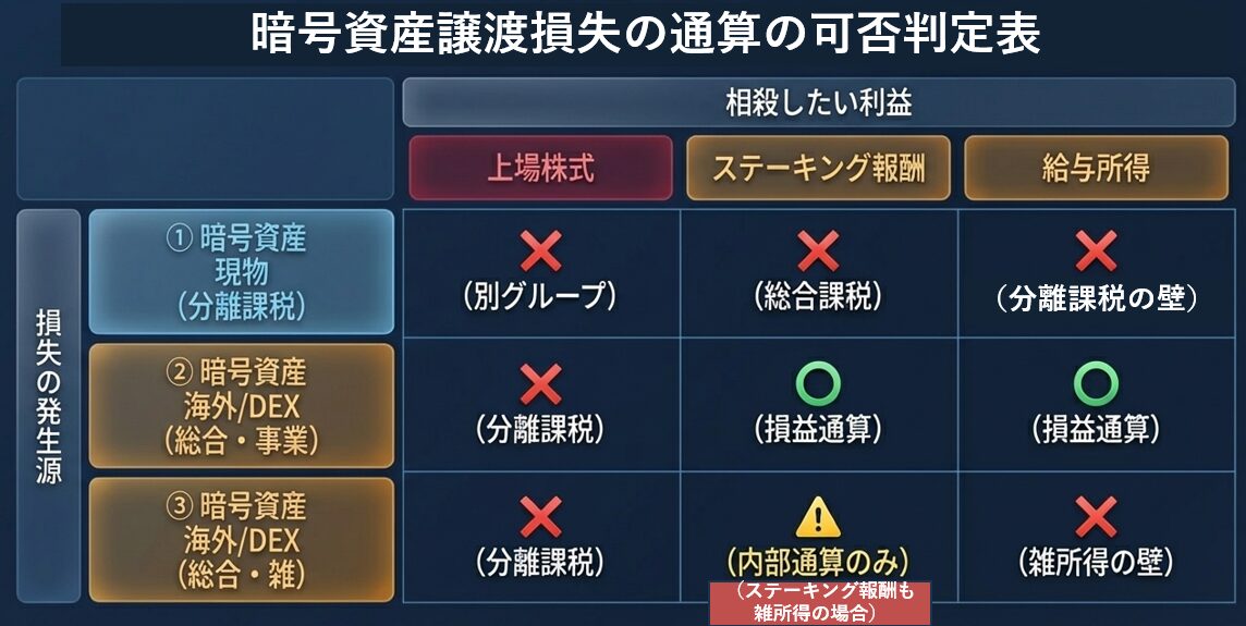 ``` 暗号資産譲渡損失の通算の可否判定表――損失の発生源（分離課税・総合課税の事業・雑）と相殺したい利益（上場株式・ステーキング報酬・給与所得）の組み合わせ別に通算可否を整理 ```