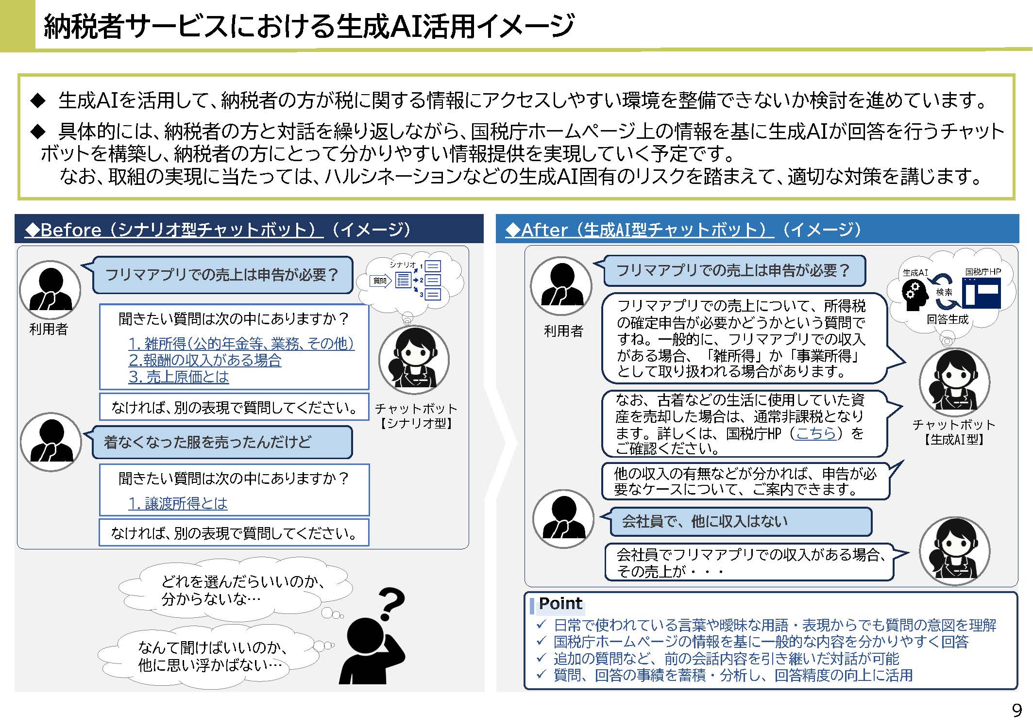 国税庁が示すシナリオ型チャットボットと生成AI型チャットボットの比較イメージ